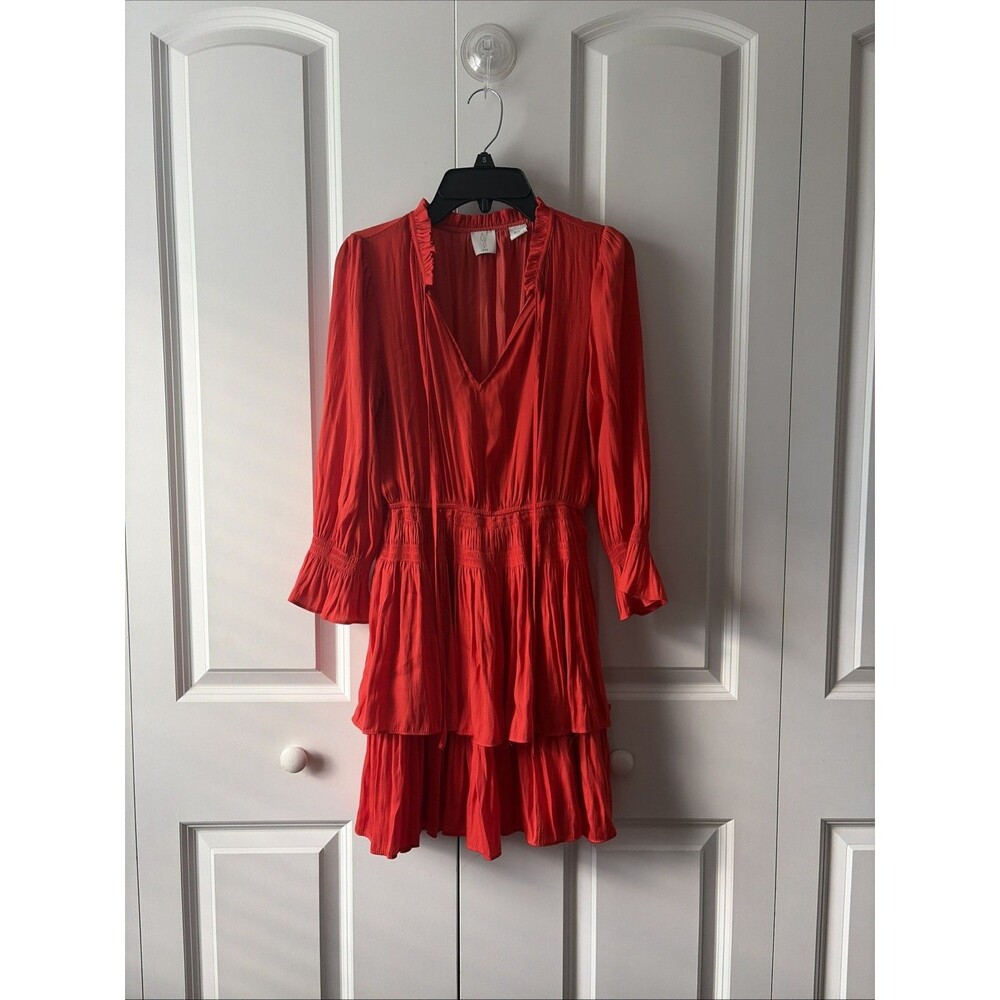 JOIE Bright Orange Keyhole Smocked Tiered Ruffles Mini Dress Size XS